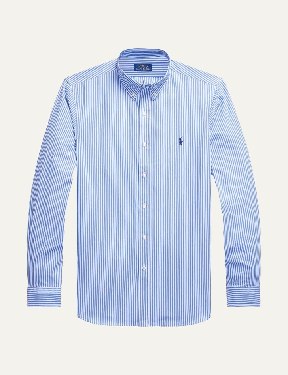 Polo Ralph Lauren striped button-down shirt in blue and white with embroidered logo, front flat view