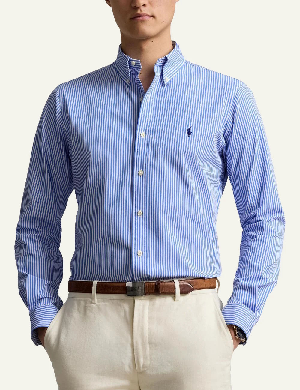 Polo Ralph Lauren striped button-down shirt in blue and white with embroidered logo, front detail view