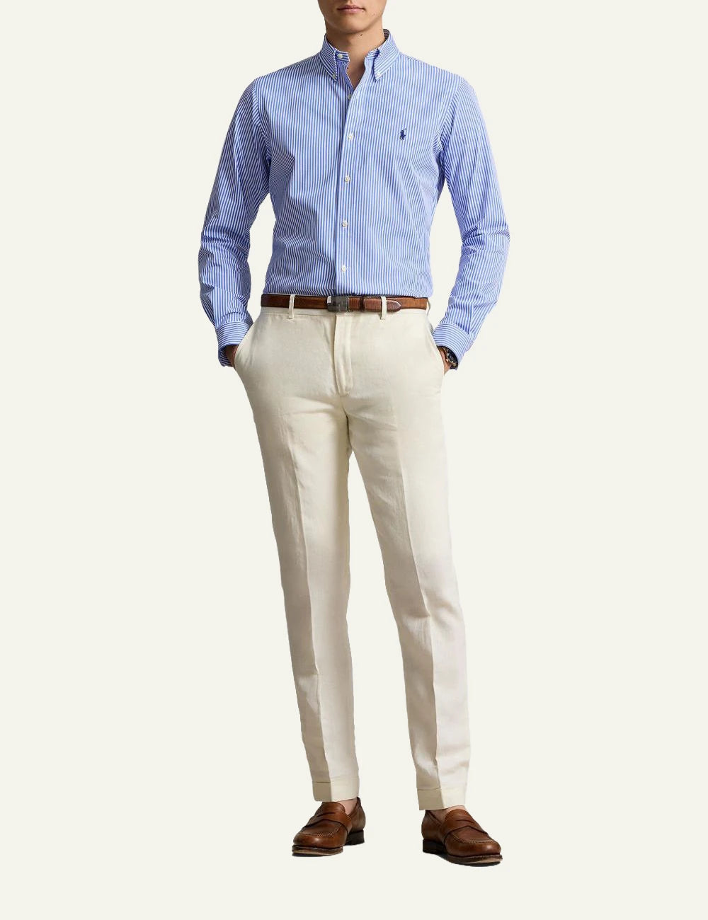 Polo Ralph Lauren striped button-down shirt in blue and white with embroidered logo, front full body view