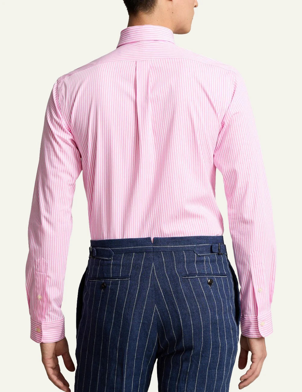 Polo Ralph Lauren striped button-down shirt in pink and white with embroidered logo, back view