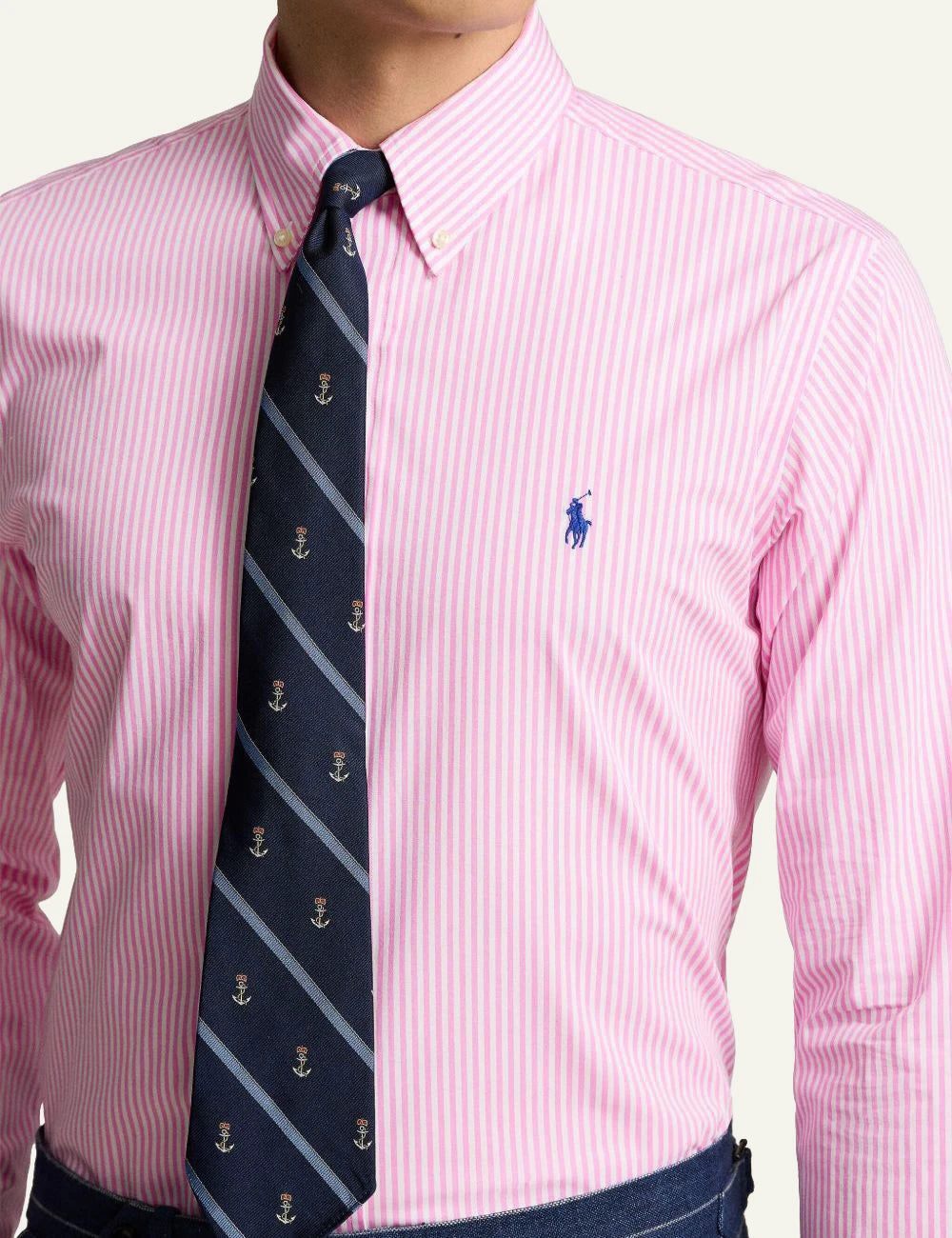 Polo Ralph Lauren striped button-down shirt in pink and white with embroidered logo, front detail view
