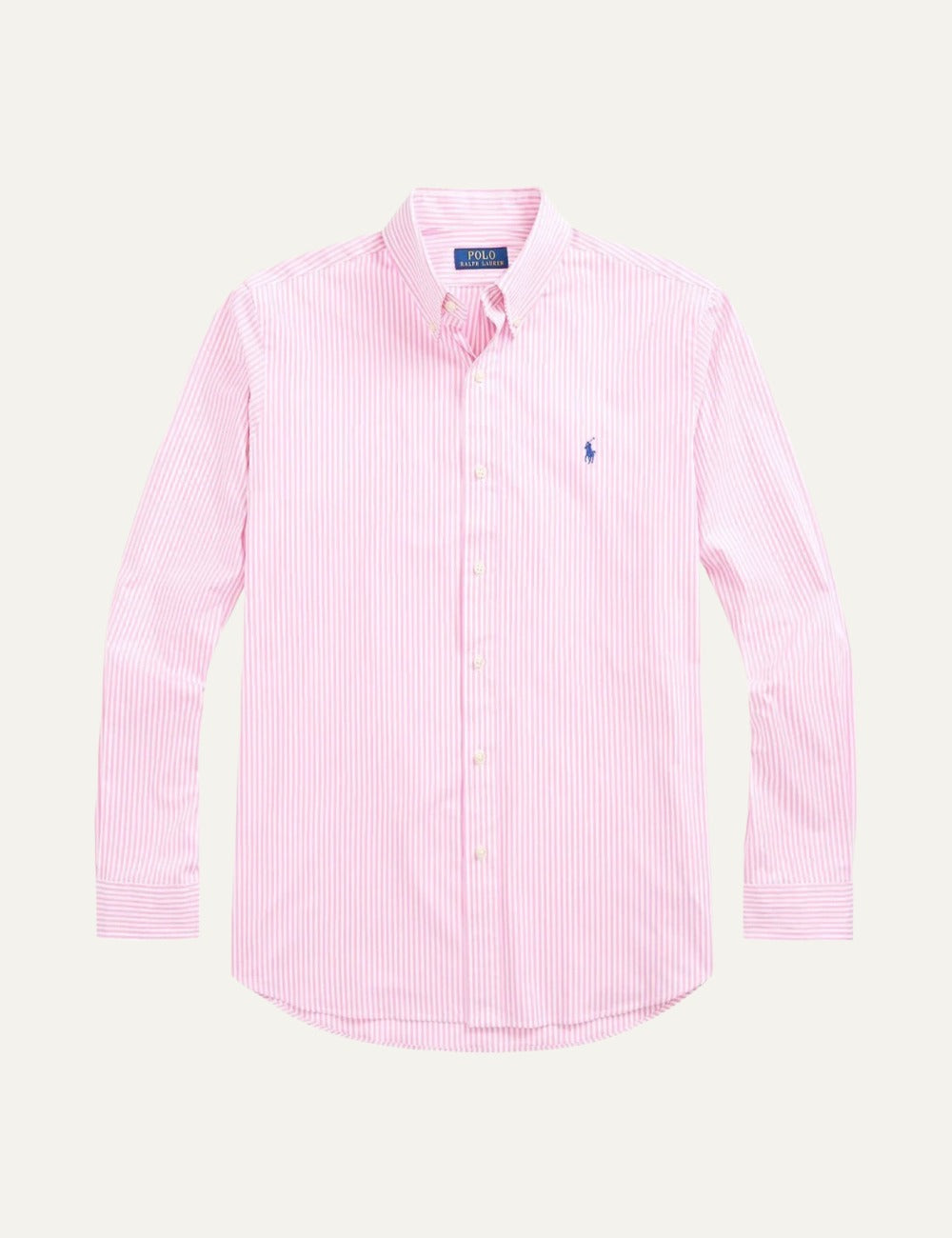 Polo Ralph Lauren striped button-down shirt in pink and white with embroidered logo, front flat view
