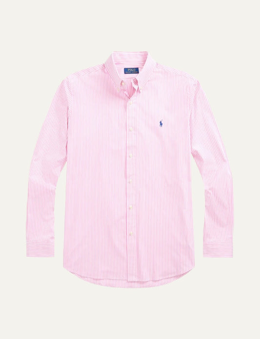 Polo Ralph Lauren striped button-down shirt in pink and white with embroidered logo, front flat view