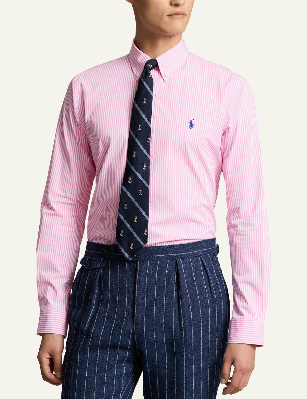 Polo Ralph Lauren striped button-down shirt in pink and white with embroidered logo, front model view