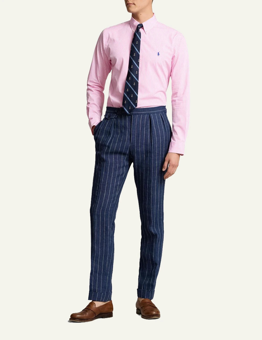 Polo Ralph Lauren striped button-down shirt in pink and white with embroidered logo, front full body view