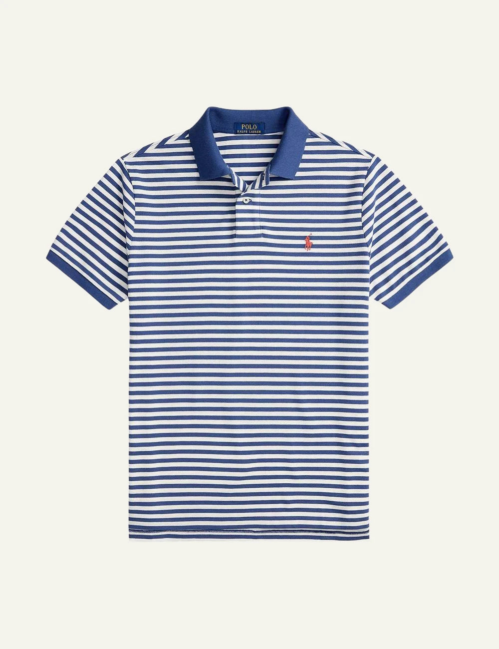 Polo Ralph Lauren striped polo shirt blue white with red logo front flat view