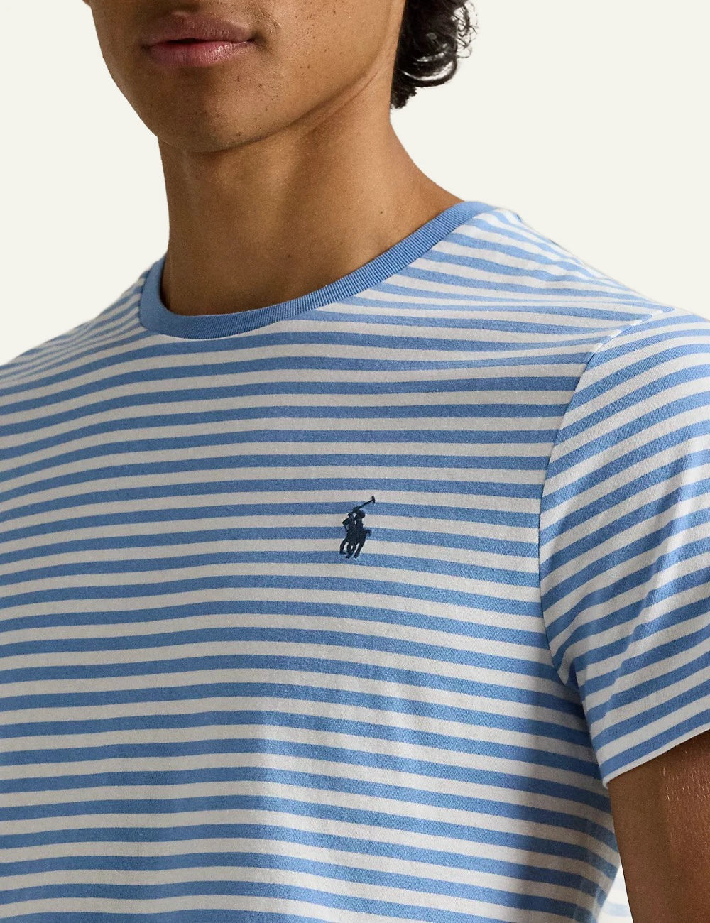 polo ralph lauren striped t shirt white light blue cotton slim fit logo chest front detail view