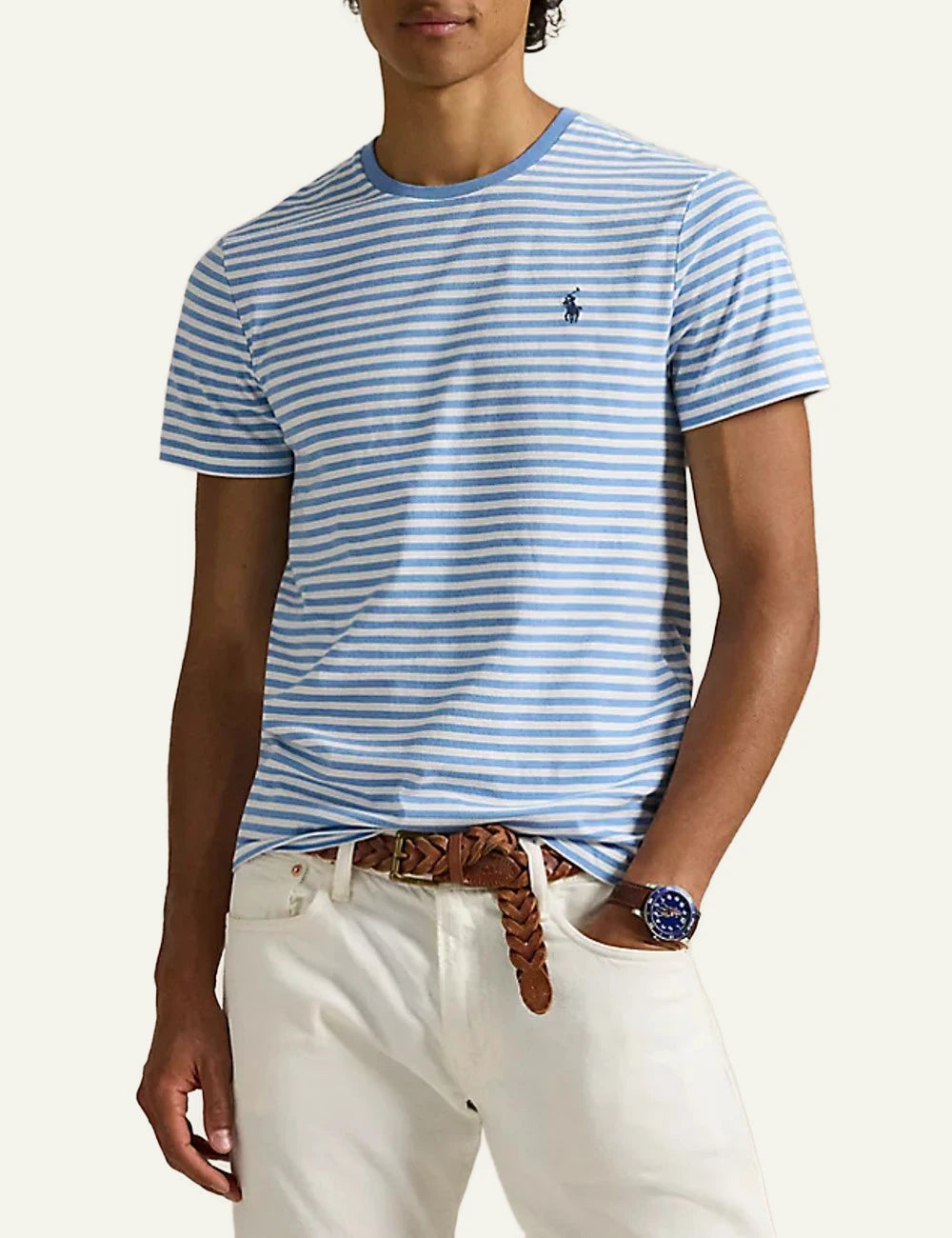 polo ralph lauren striped t shirt white light blue cotton slim fit logo chest front model view