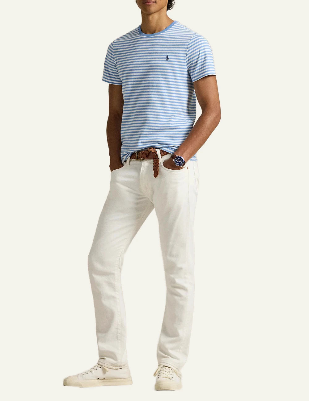 polo ralph lauren striped t shirt white light blue cotton slim fit logo chest front full body view