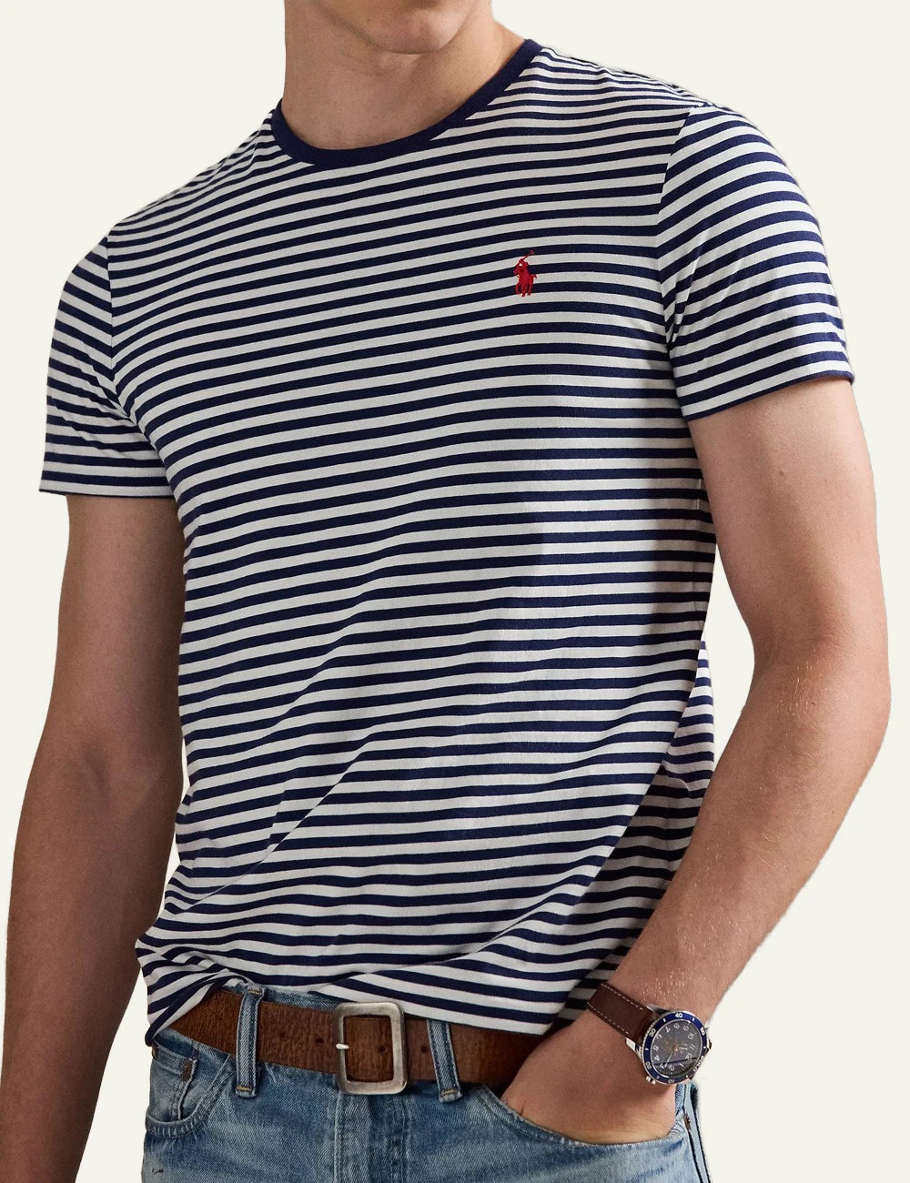polo ralph lauren striped t shirt white navy cotton slim fit logo chest front model view
