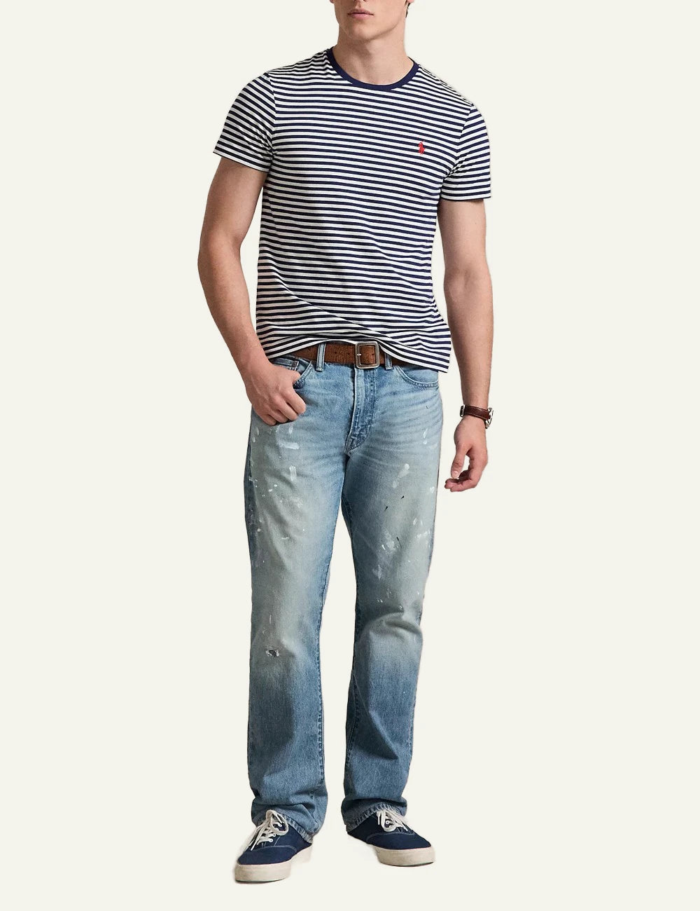 polo ralph lauren striped t shirt white navy cotton slim fit logo chest front full body view