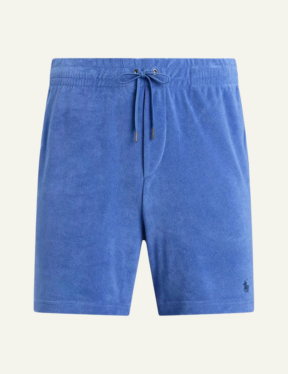 polo ralph lauren terry shorts blue cotton drawstring waist logo detail front view