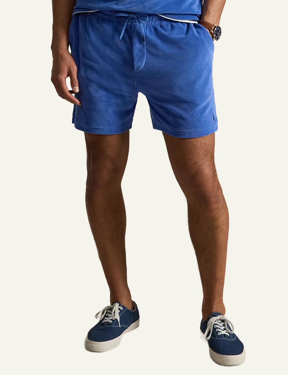 polo ralph lauren terry shorts blue cotton drawstring waist logo detail front model view