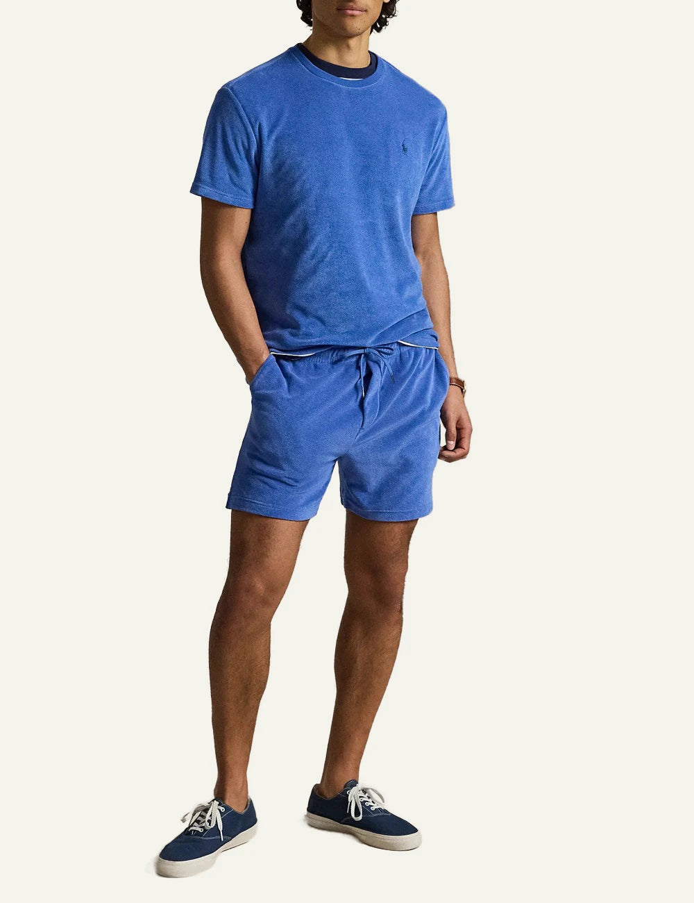 polo ralph lauren terry shorts blue cotton drawstring waist logo detail front full body view