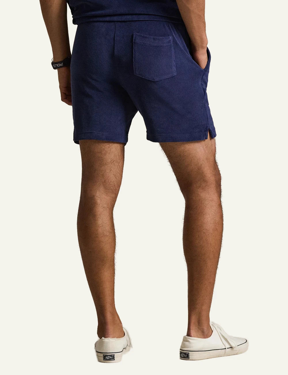 polo ralph lauren terry shorts navy blue cotton drawstring waist logo detail back view