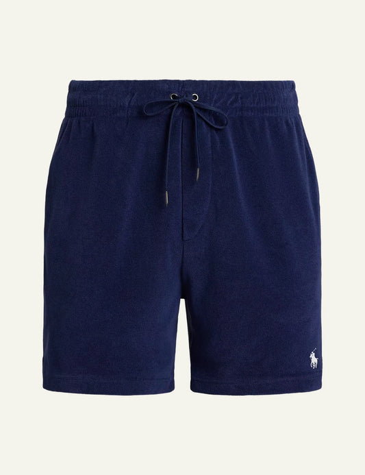 polo ralph lauren terry shorts navy blue cotton drawstring waist logo detail front view