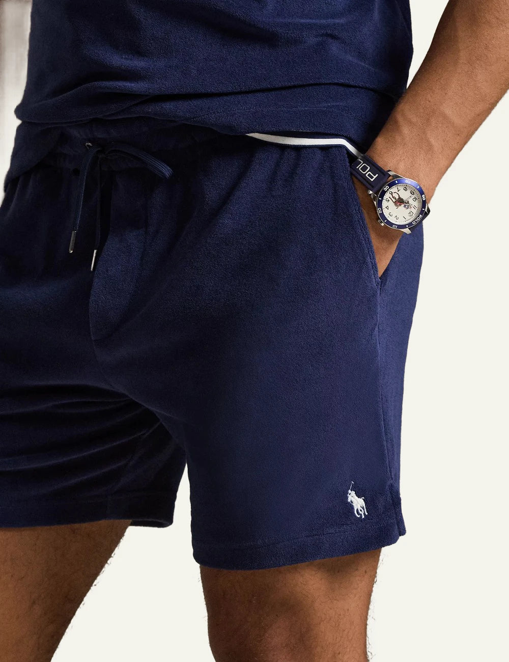 polo ralph lauren terry shorts navy blue cotton drawstring waist logo detail front detail view