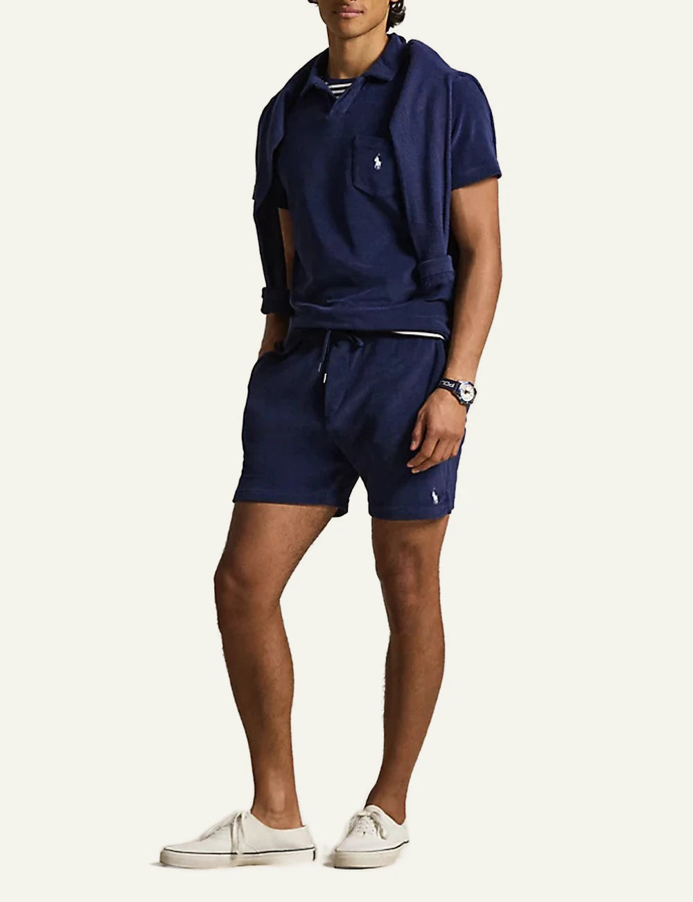 polo ralph lauren terry shorts navy blue cotton drawstring waist logo detail front  full body view