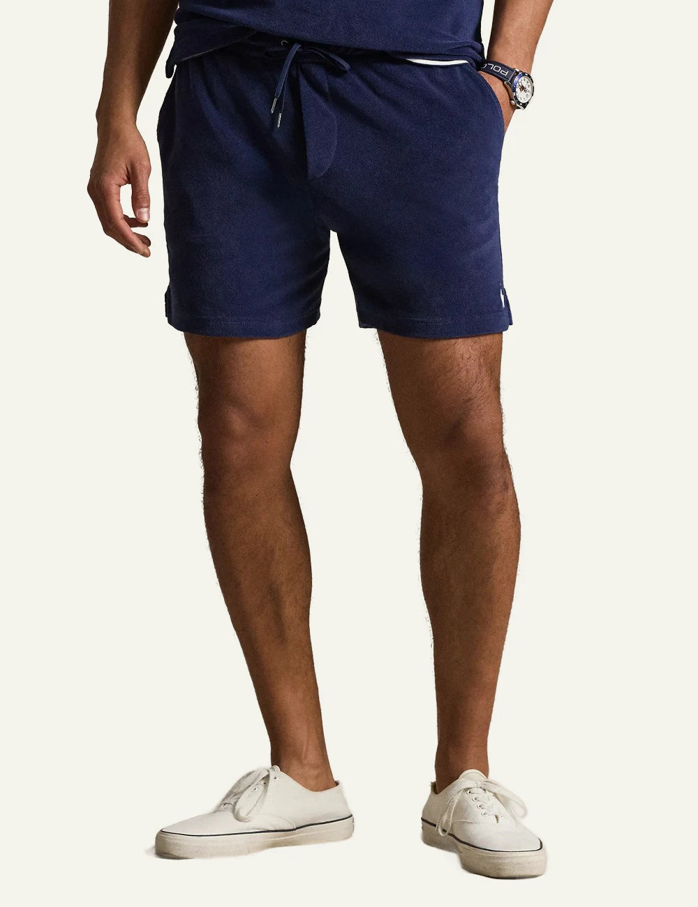 polo ralph lauren terry shorts navy blue cotton drawstring waist logo detail front  model view