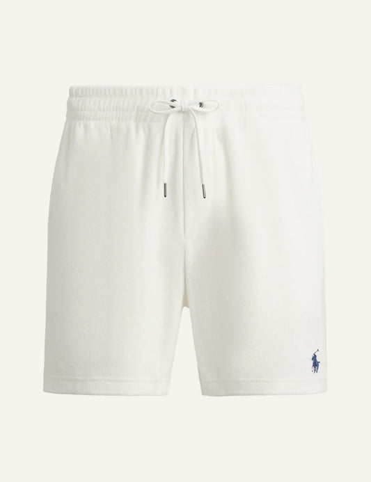 polo ralph lauren terry shorts white cotton drawstring waist logo detail front view