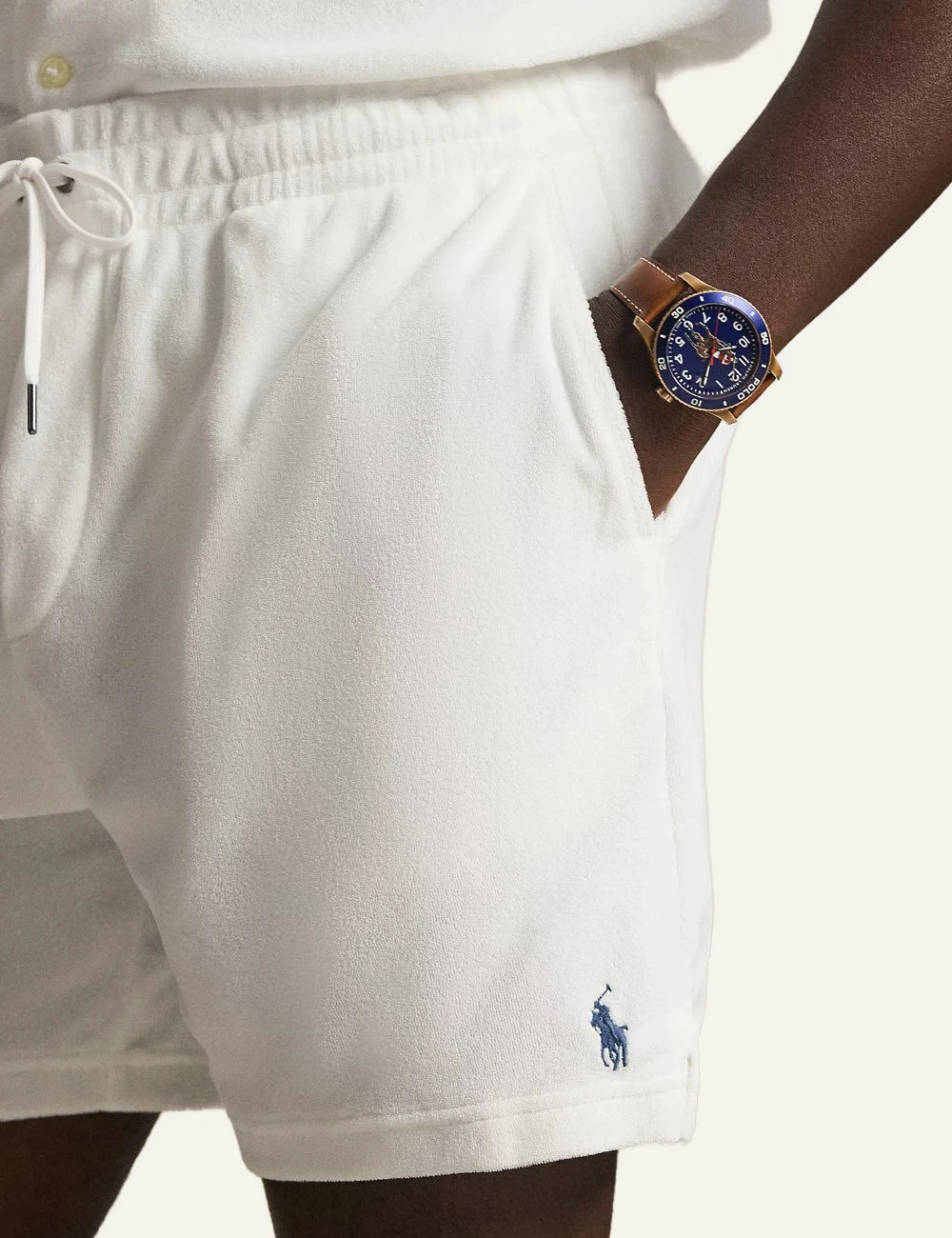 polo ralph lauren terry shorts white cotton drawstring waist logo detail front detail view