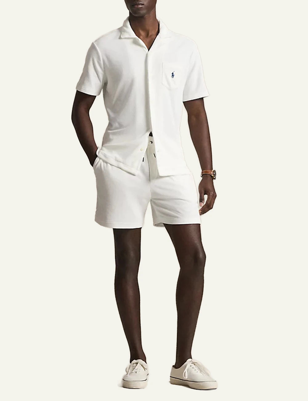 polo ralph lauren terry shorts white cotton drawstring waist logo detail front full body view