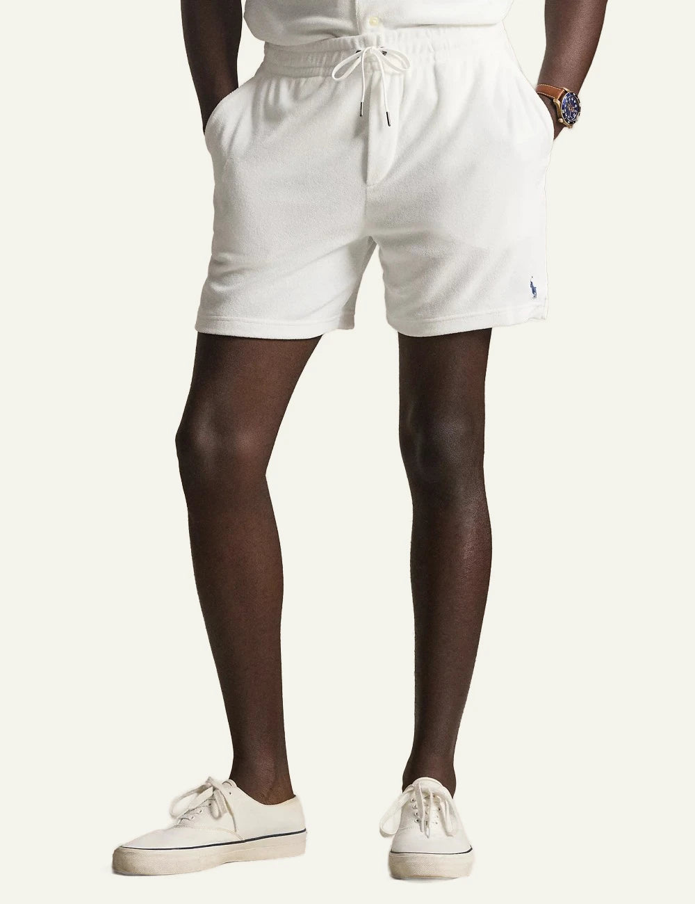 polo ralph lauren terry shorts white cotton drawstring waist logo detail front  model view