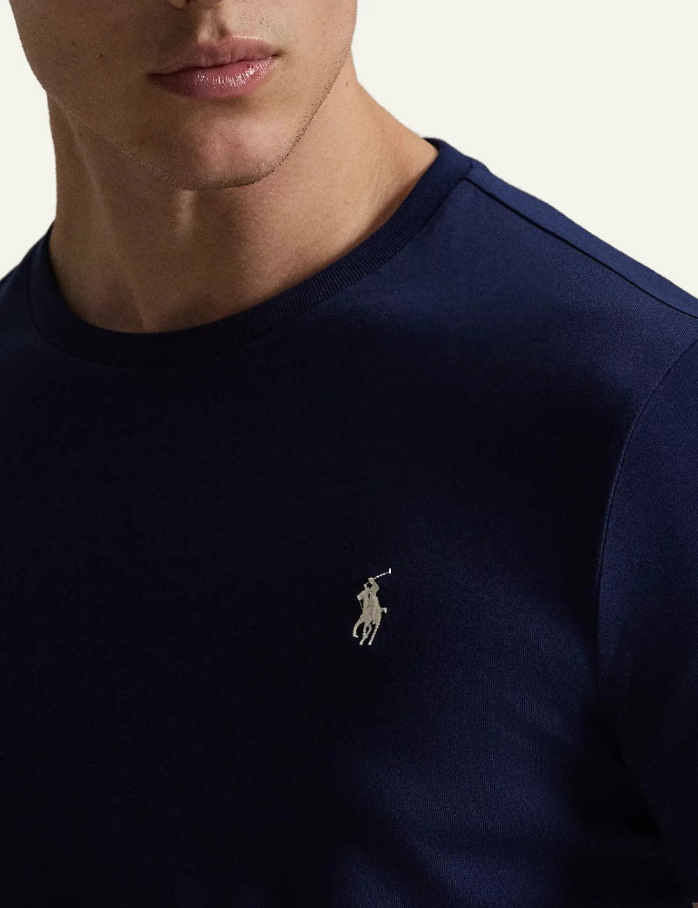 polo ralph lauren t shirt navy cotton slim fit logo chest front detail view