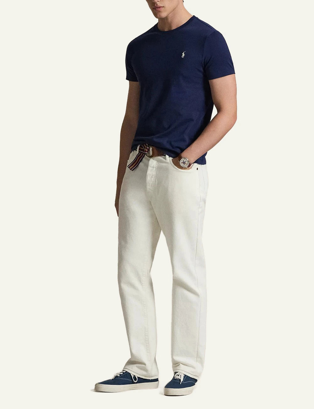 polo ralph lauren t shirt navy cotton slim fit logo chest front full body view