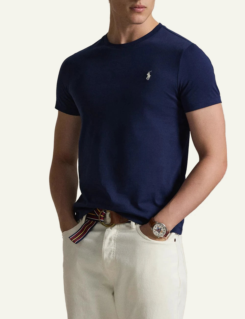 polo ralph lauren t shirt navy cotton slim fit logo chest front model view