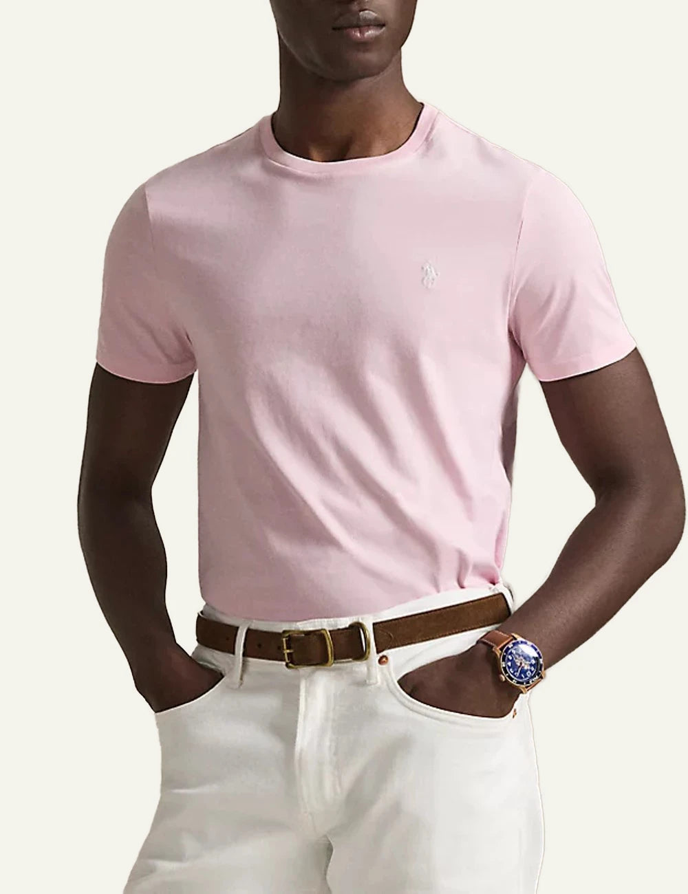polo ralph lauren t shirt pink cotton slim fit logo chest front model view