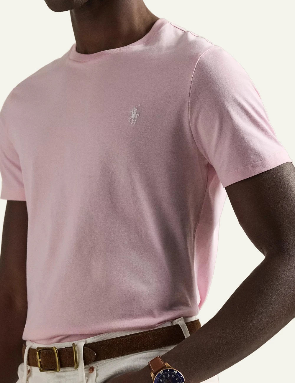 polo ralph lauren t shirt pink cotton slim fit logo chest side view