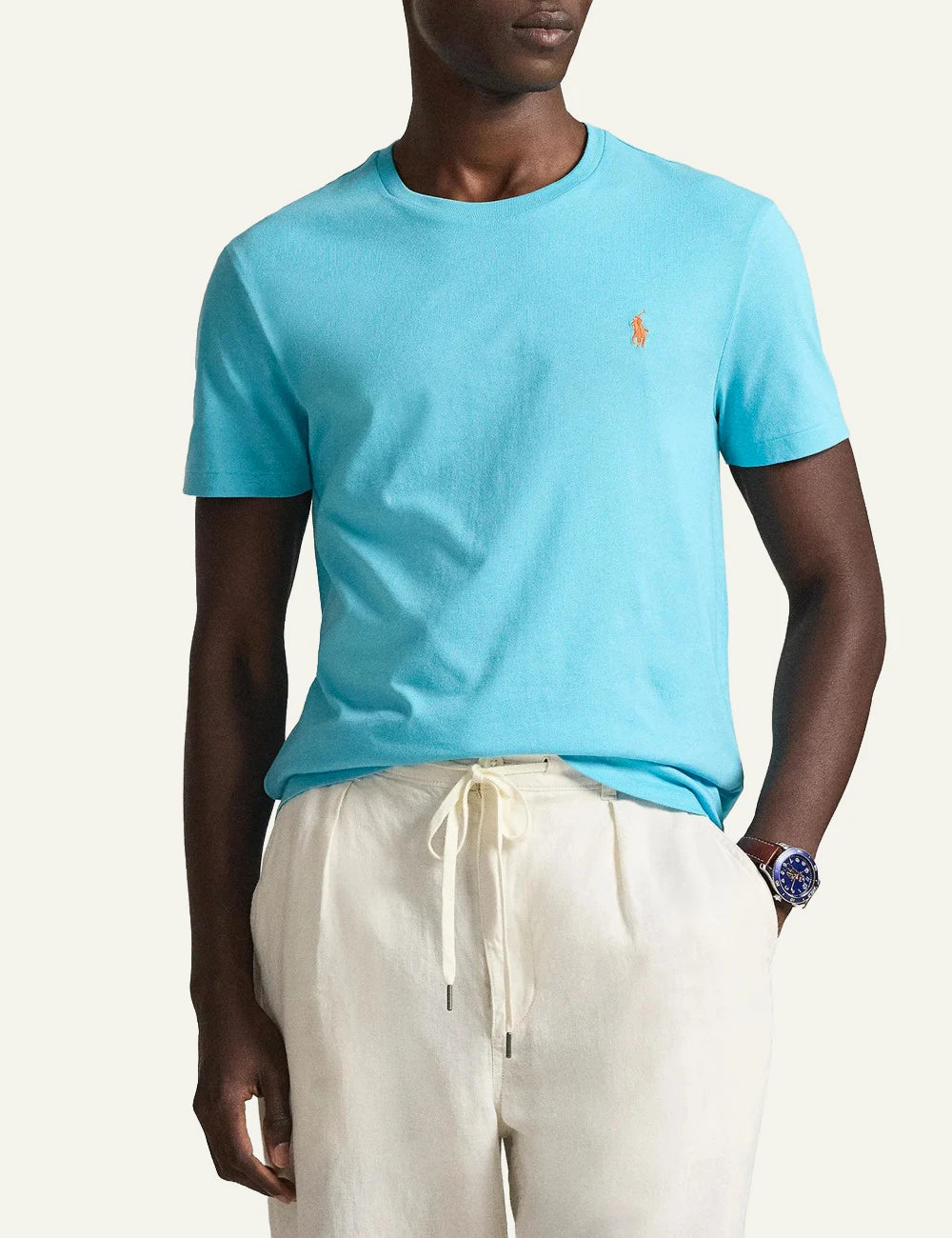 Polo Ralph Lauren t-shirt turquoise blue me orange pony logo front model view