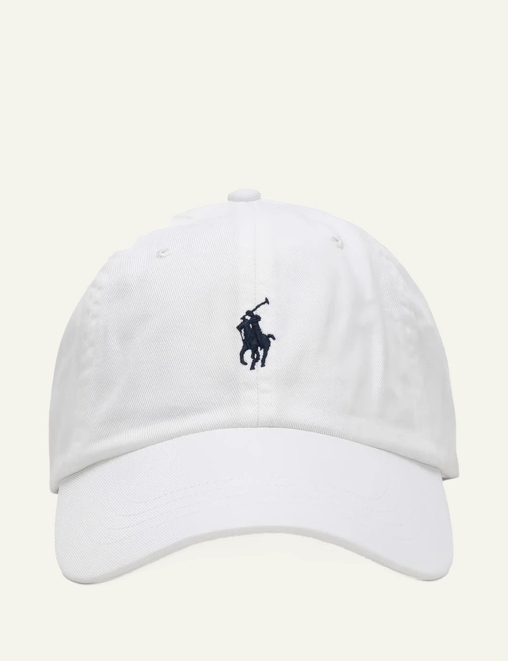 Polo Ralph Lauren white cap with navy POLO embroidery front flat view