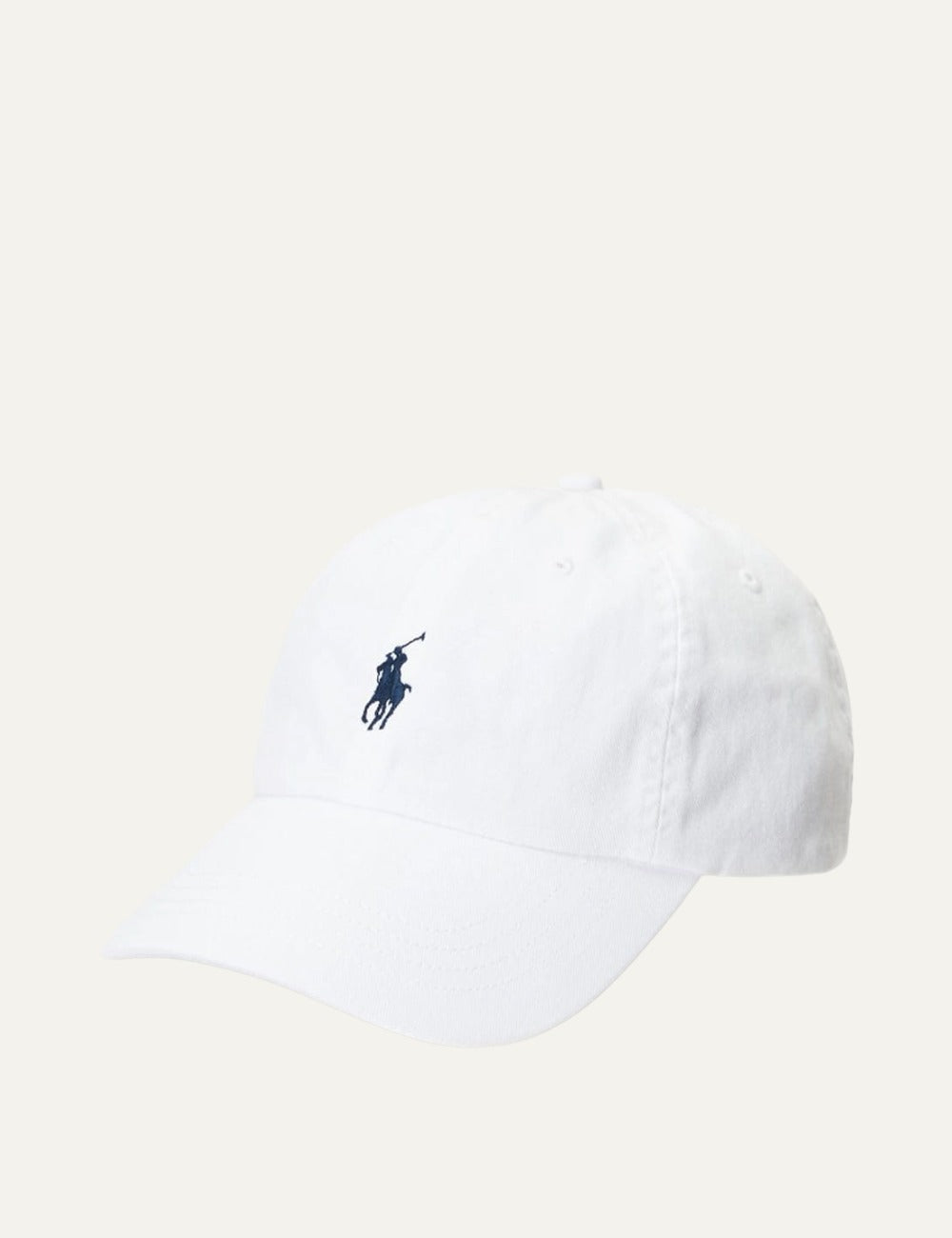 Polo Ralph Lauren white cap with navy POLO embroidery side view
