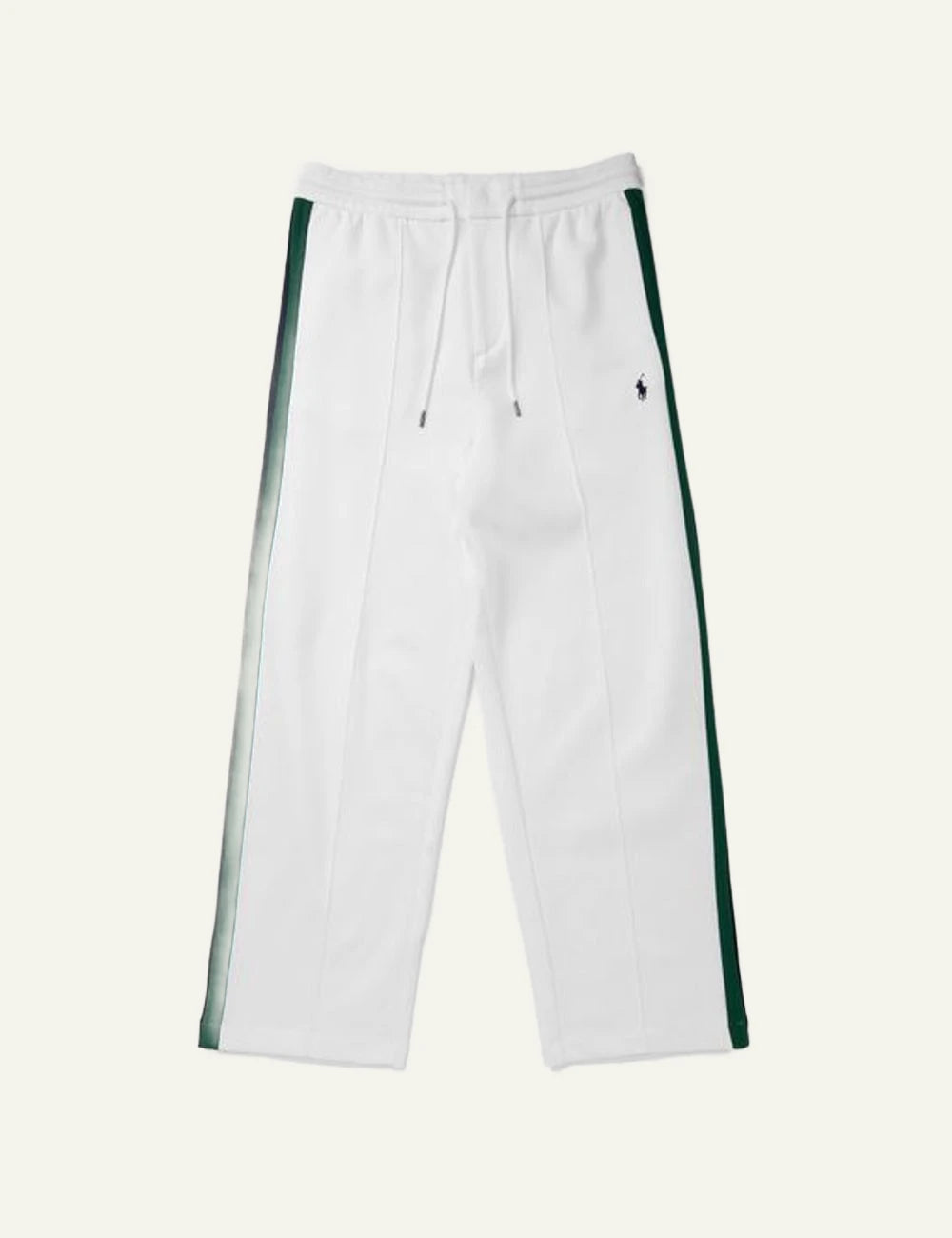 Polo Ralph Lauren white sweatpants with green side stripes front view