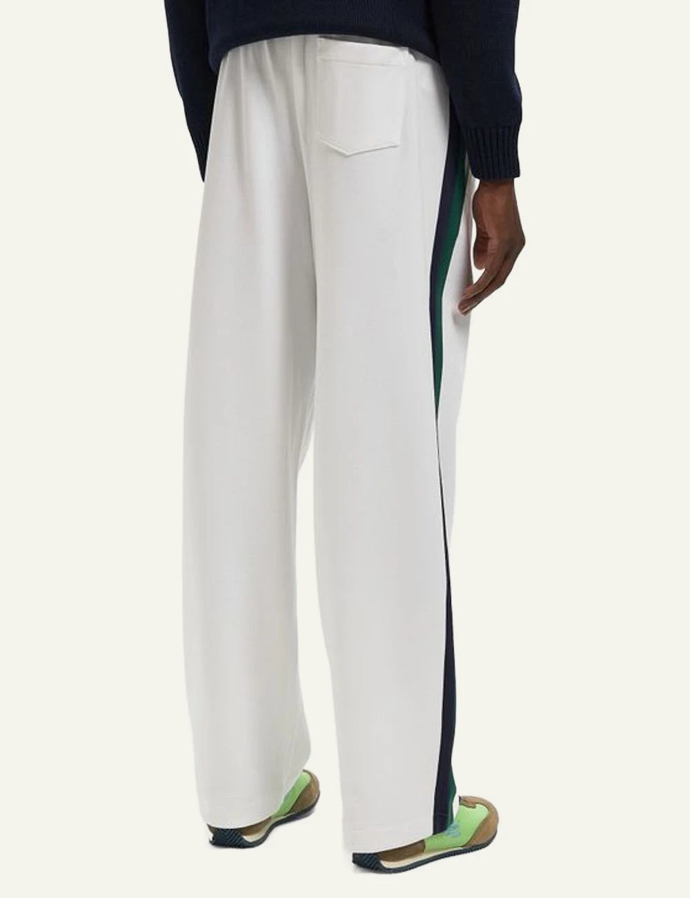 Polo Ralph Lauren white sweatpants with green side stripes back view