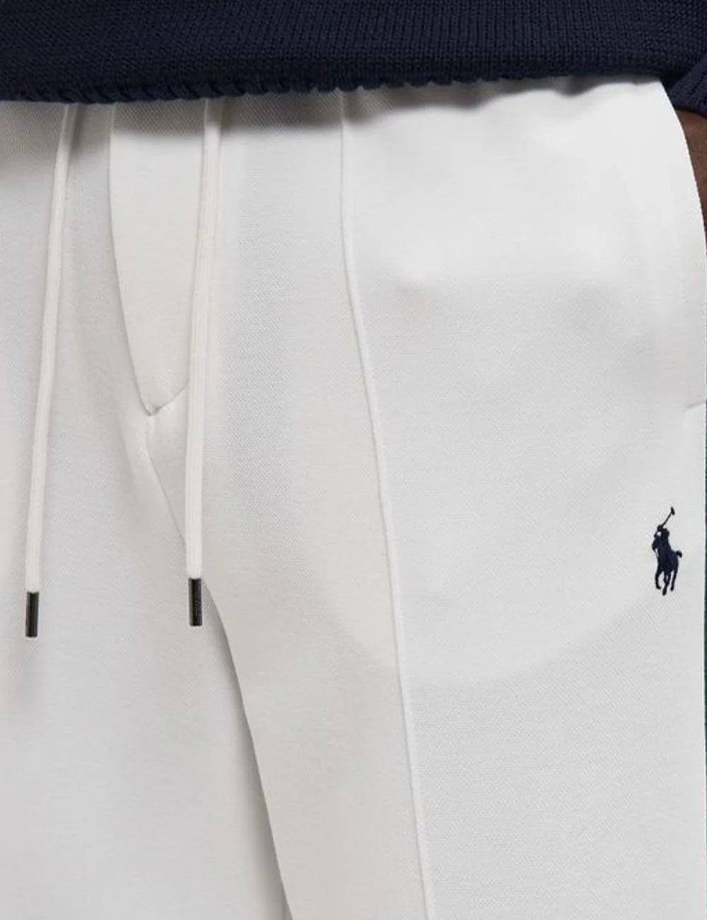 Polo Ralph Lauren white sweatpants with green side stripes front detail view
