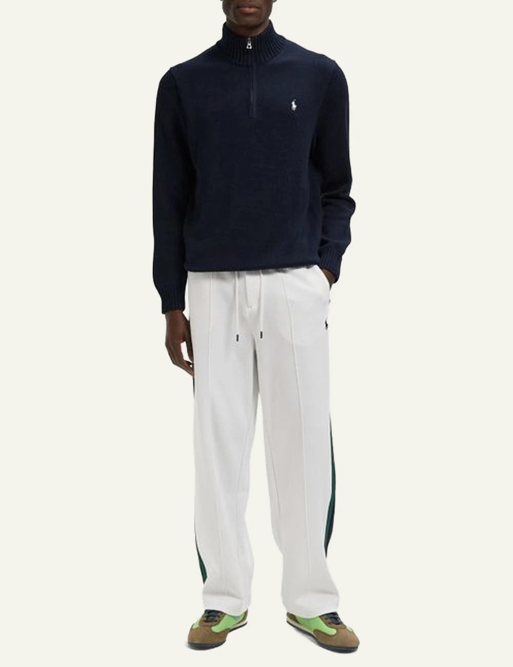 Polo Ralph Lauren white sweatpants with green side stripes front full body view