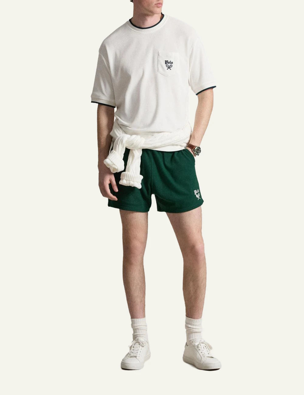 Polo Ralph Lauren white t-shirt with chest pocket and racket logo front full body view