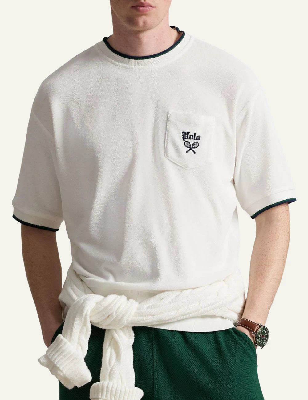 Polo Ralph Lauren white t-shirt with chest pocket and racket logo front model view