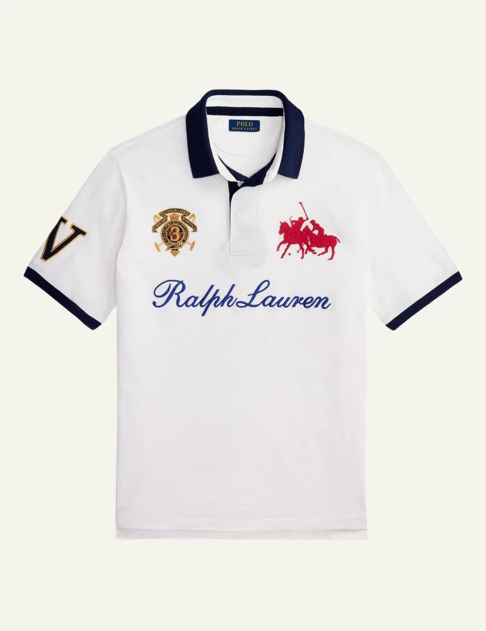 Polo Ralph Lauren white polo shirt with contrast collar and embroidered front flat view