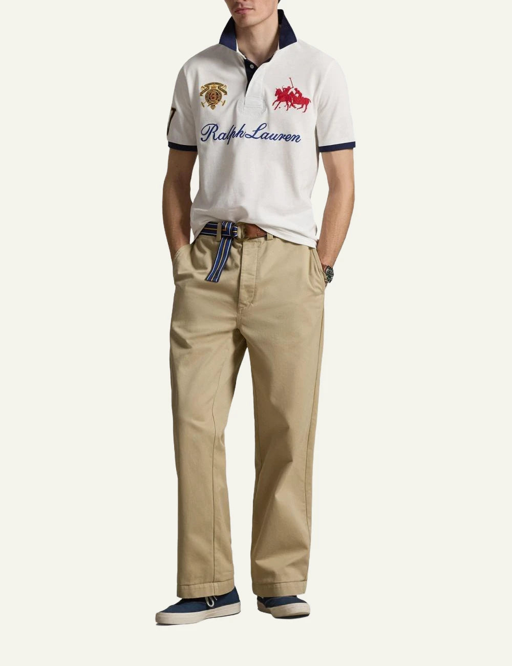 Polo Ralph Lauren white polo shirt with contrast collar and embroidered front model view