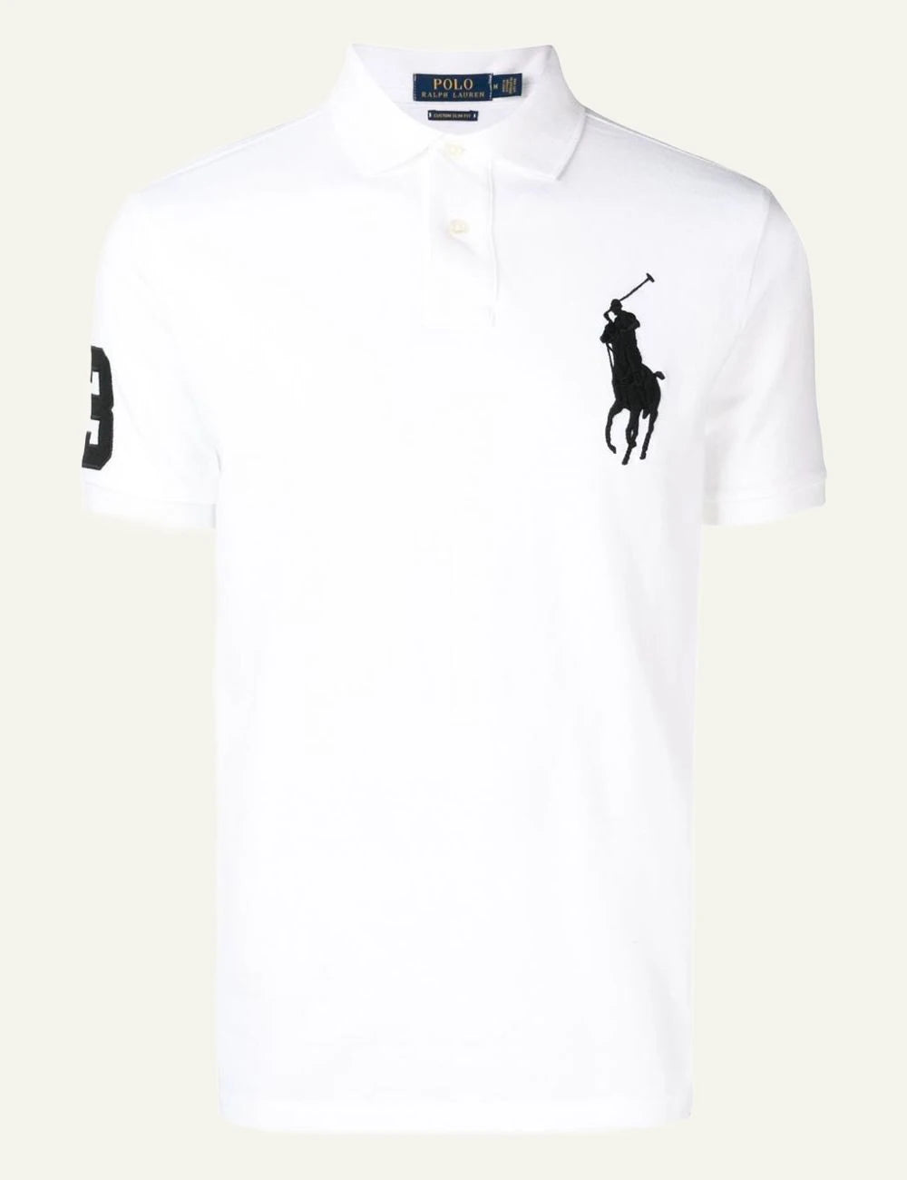 Polo Ralph Lauren white polo shirt with large black Big Pony front flat view