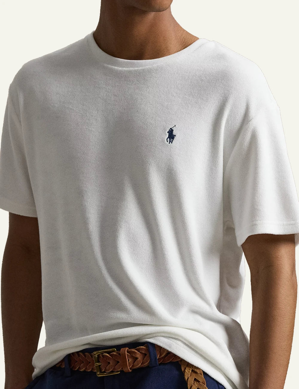 polo ralph lauren white terry t-shirt pony logo cotton blend classic fit front detail view