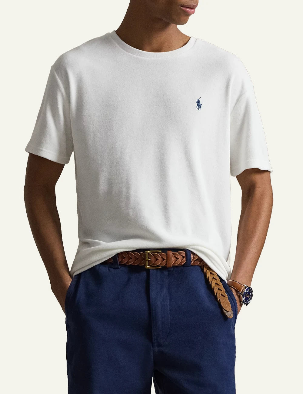 polo ralph lauren white terry t-shirt pony logo cotton blend classic fit front model  view
