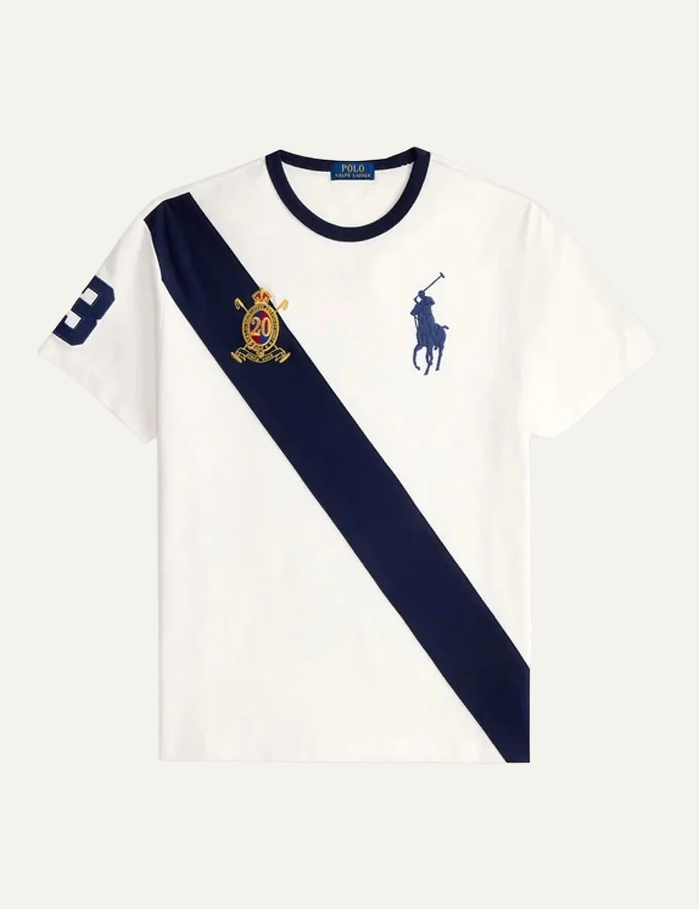Polo Ralph Lauren white T-shirt with navy diagonal stripe and crest front flat view