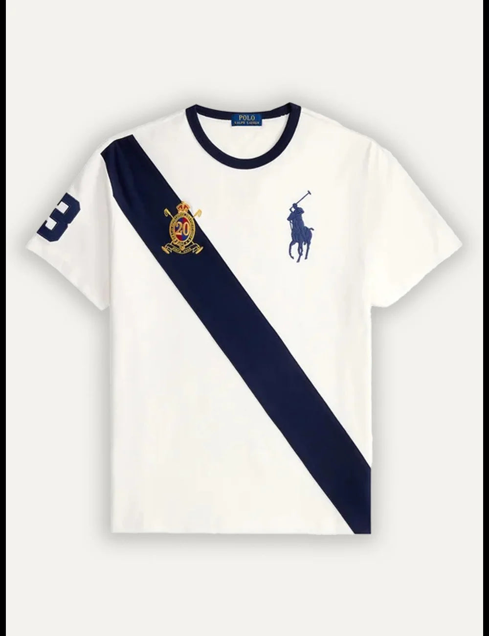 Polo Ralph Lauren white T-shirt with navy diagonal stripe and crest front flat view
