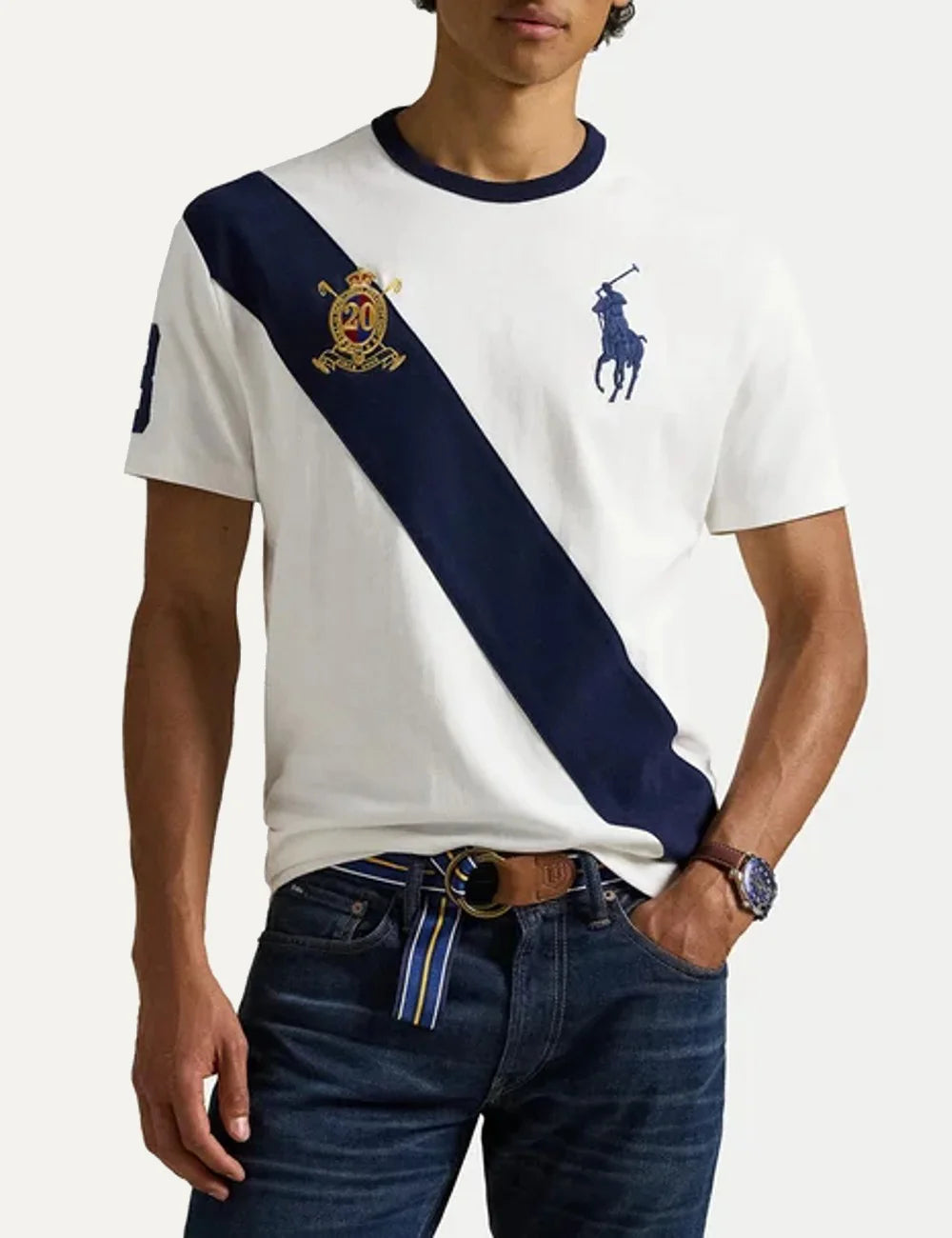 Polo Ralph Lauren white T-shirt with navy diagonal stripe and crest front model view