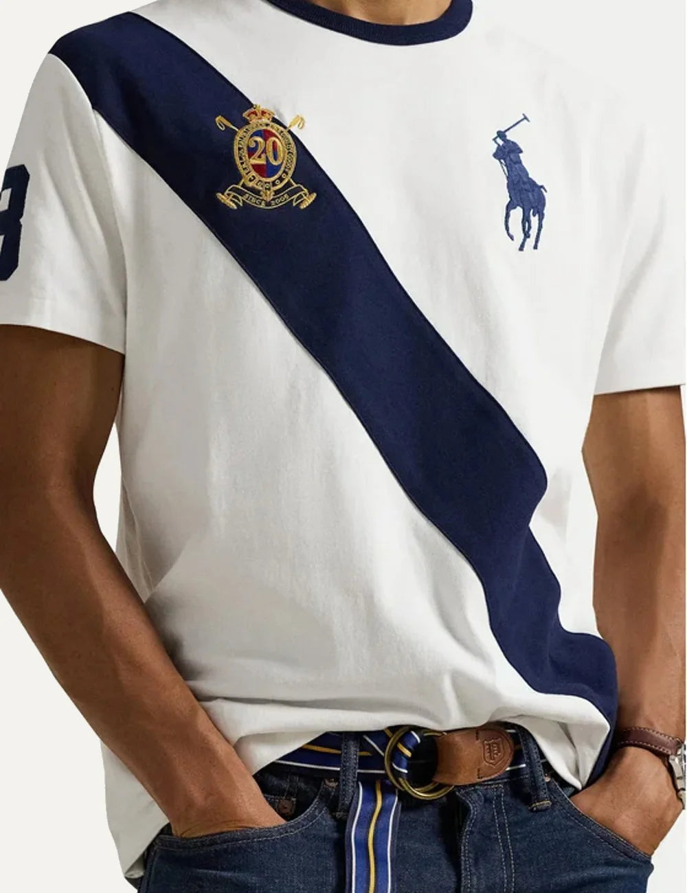 Polo Ralph Lauren white T-shirt with navy diagonal stripe and crest logo view